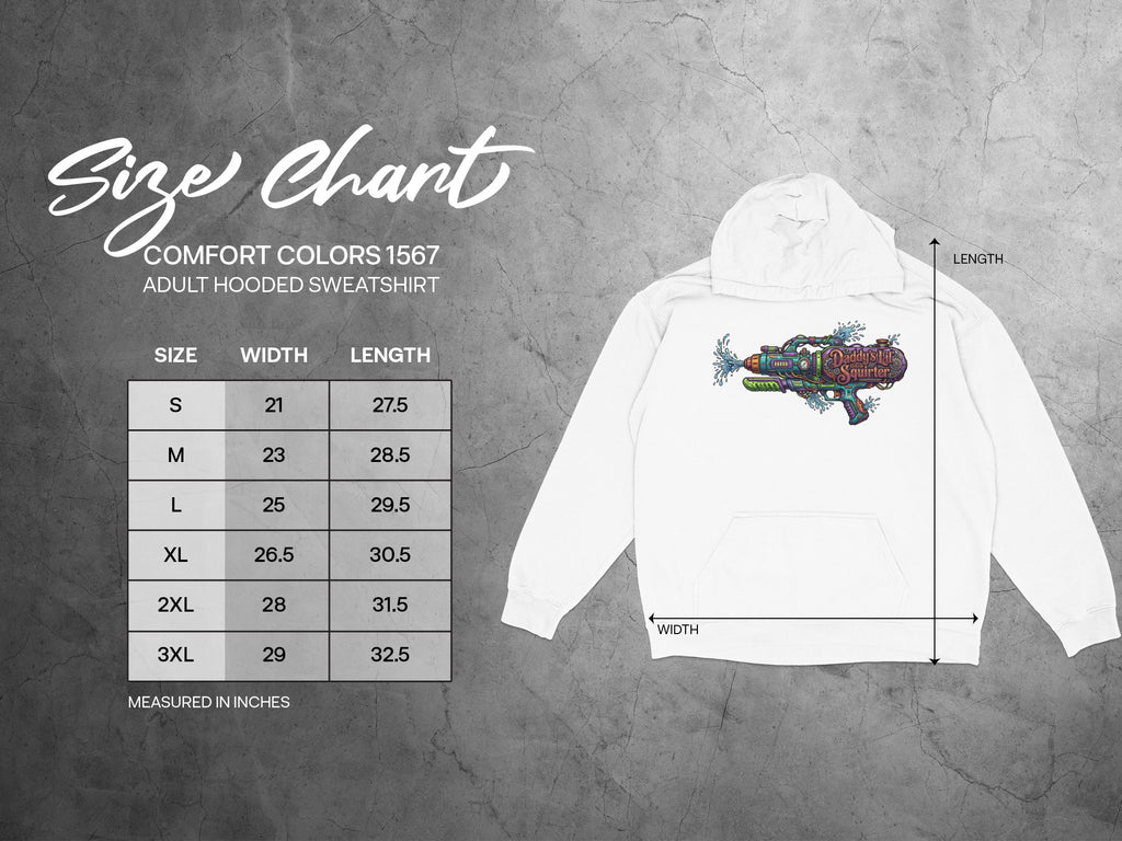 Comfort Colors 1567 adult hooded sweatshirt size chart with measurements.