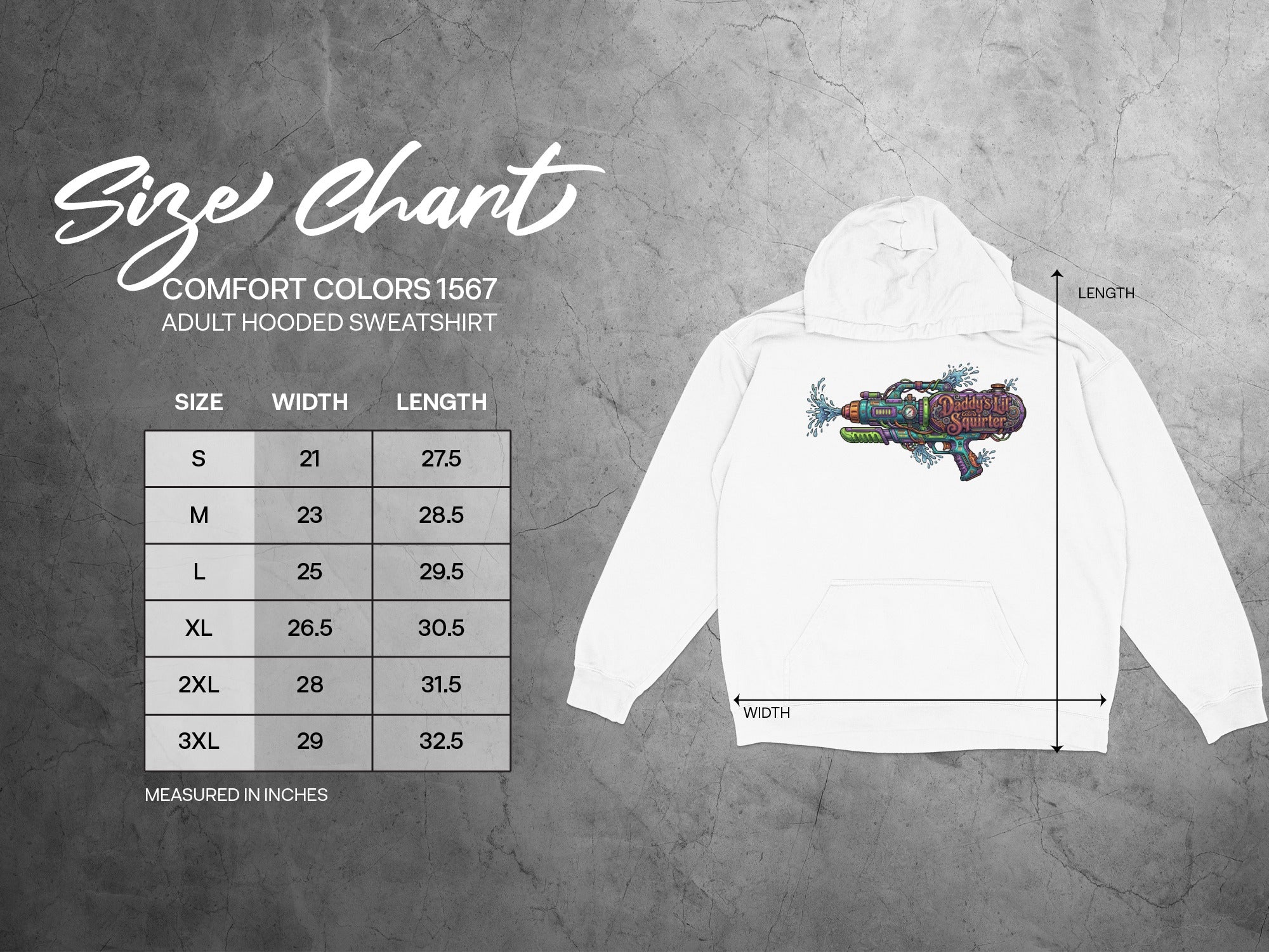Comfort Colors 1567 adult hooded sweatshirt size chart with measurements.