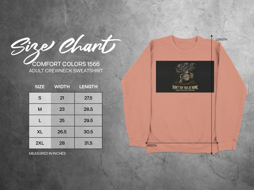 Size chart for Comfort Colors 1566 adult crewneck sweatshirt.