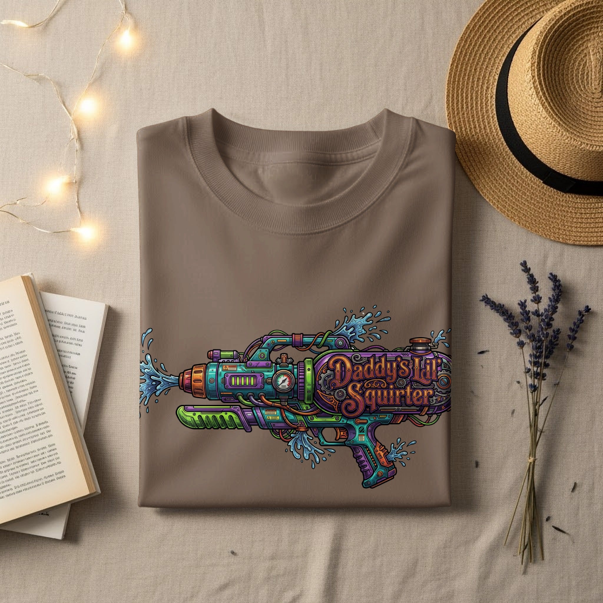 Brown t-shirt with "Daddy's Lui Squirter" graphic of a colorful water gun.