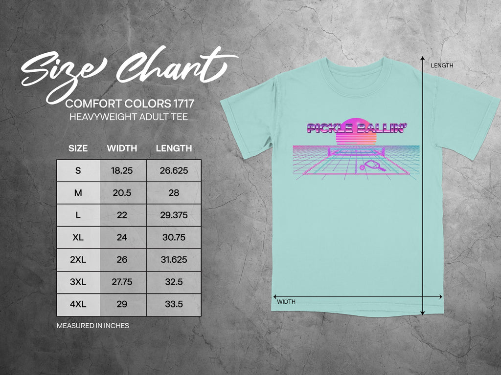 Size chart for Comfort Colors 1717 heavyweight adult tee with size, width, and length measurements.