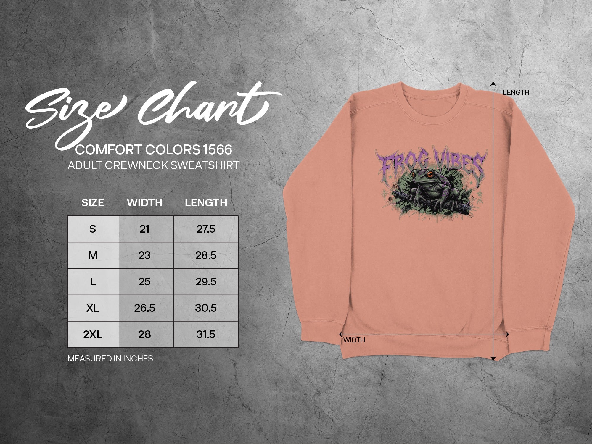 Comfort Colors 1566 adult sweatshirt size chart with frog graphic.