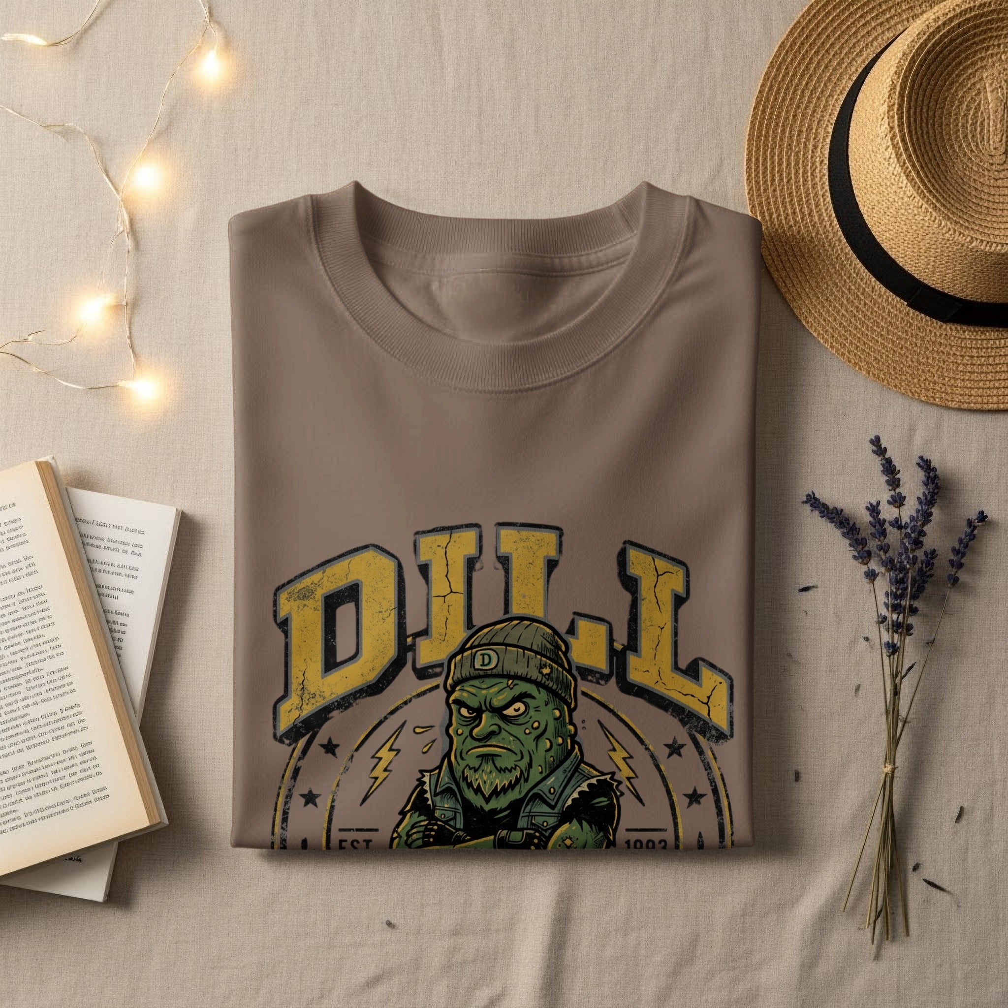 Brown t-shirt with "DILL" in distressed yellow letters and a cartoon pickle character.