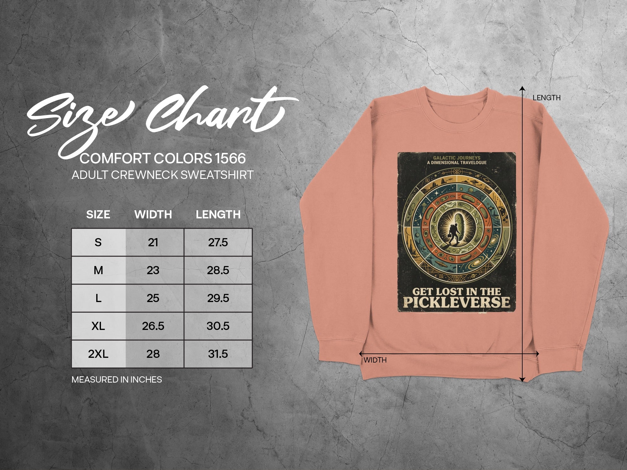 Size chart for Comfort Colors 1566 adult crewneck sweatshirt with Pickleverse graphic.