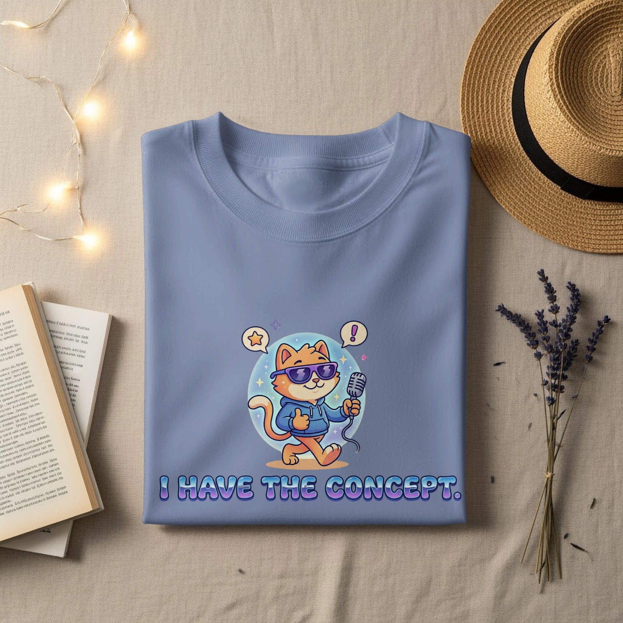 T-shirt with cartoon cat holding microphone and text "I HAVE THE CONCEPT."