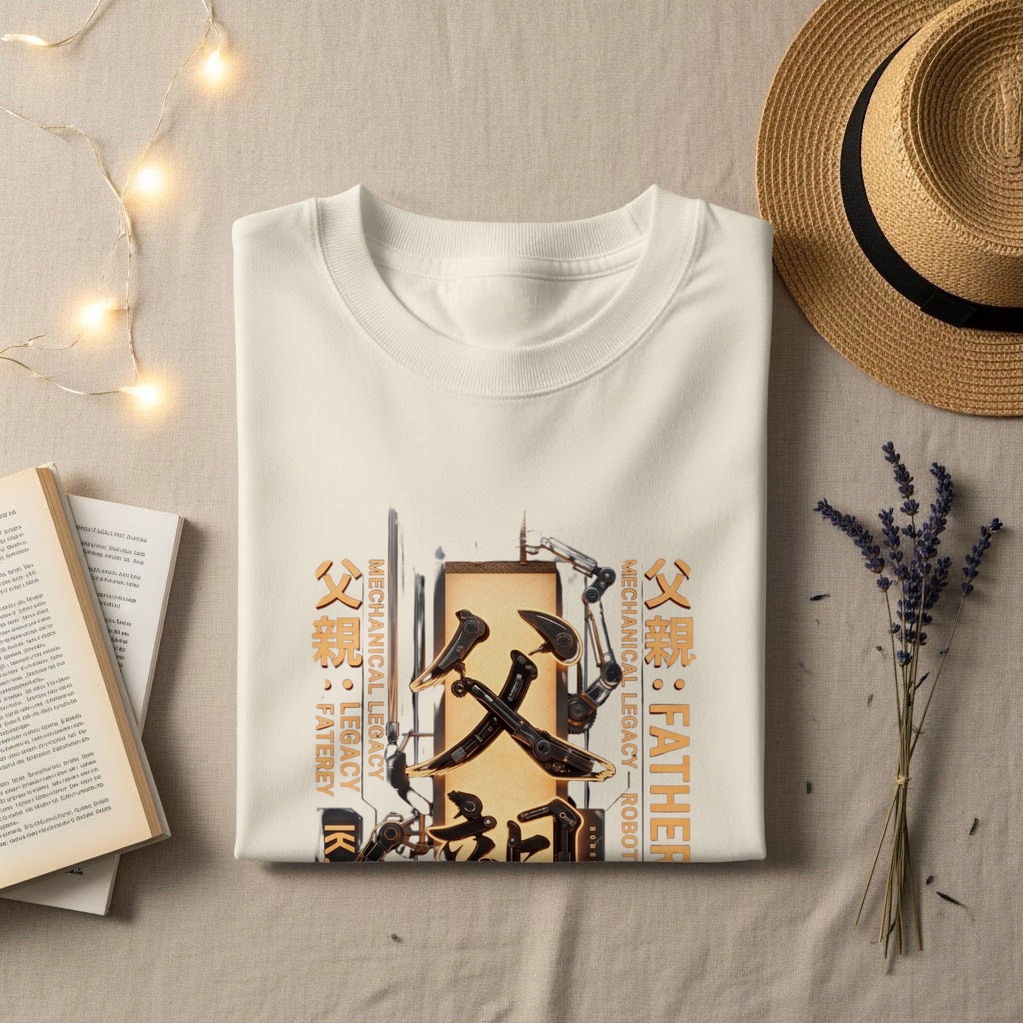 Cream t-shirt with Japanese characters, gears, and robot arm graphic.
