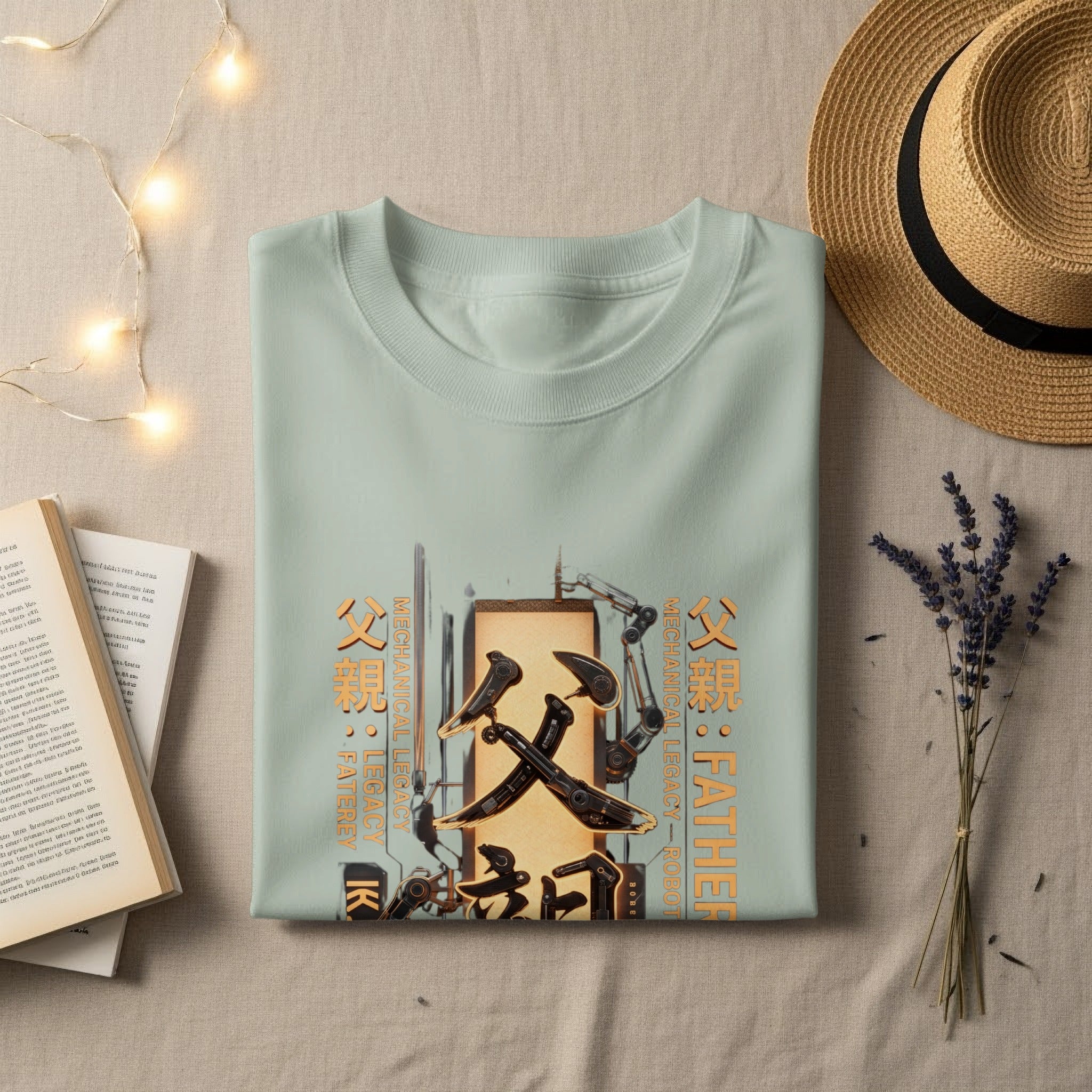 Light green t-shirt with Japanese characters and robot arm design.
