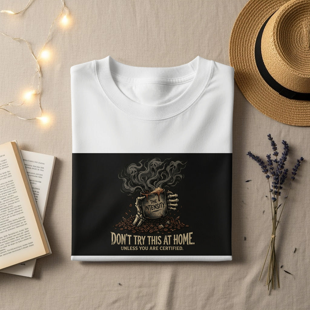 White t-shirt with "The Intensity" and coffee cup graphic, reads "Don't try this at home."