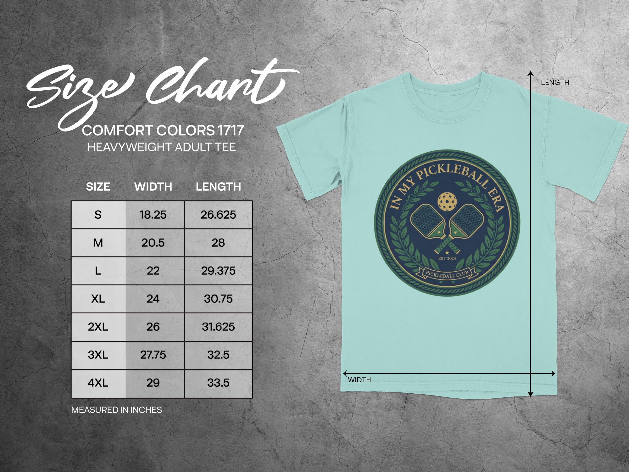 Comfort Colors 1717 heavy adult tee size chart with width and length measurements.