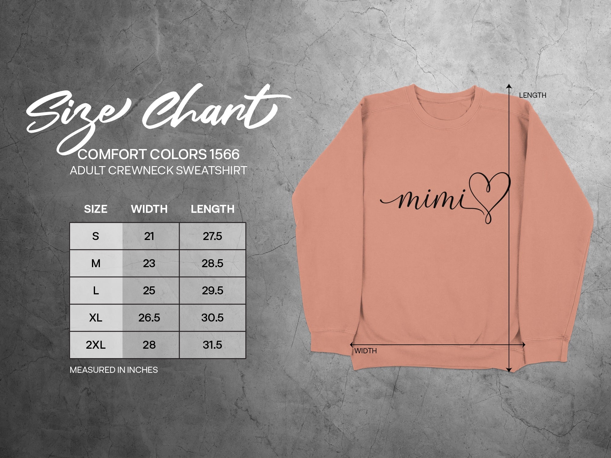 Comfort Colors 1566 adult sweatshirt size chart with "mimi" graphic.