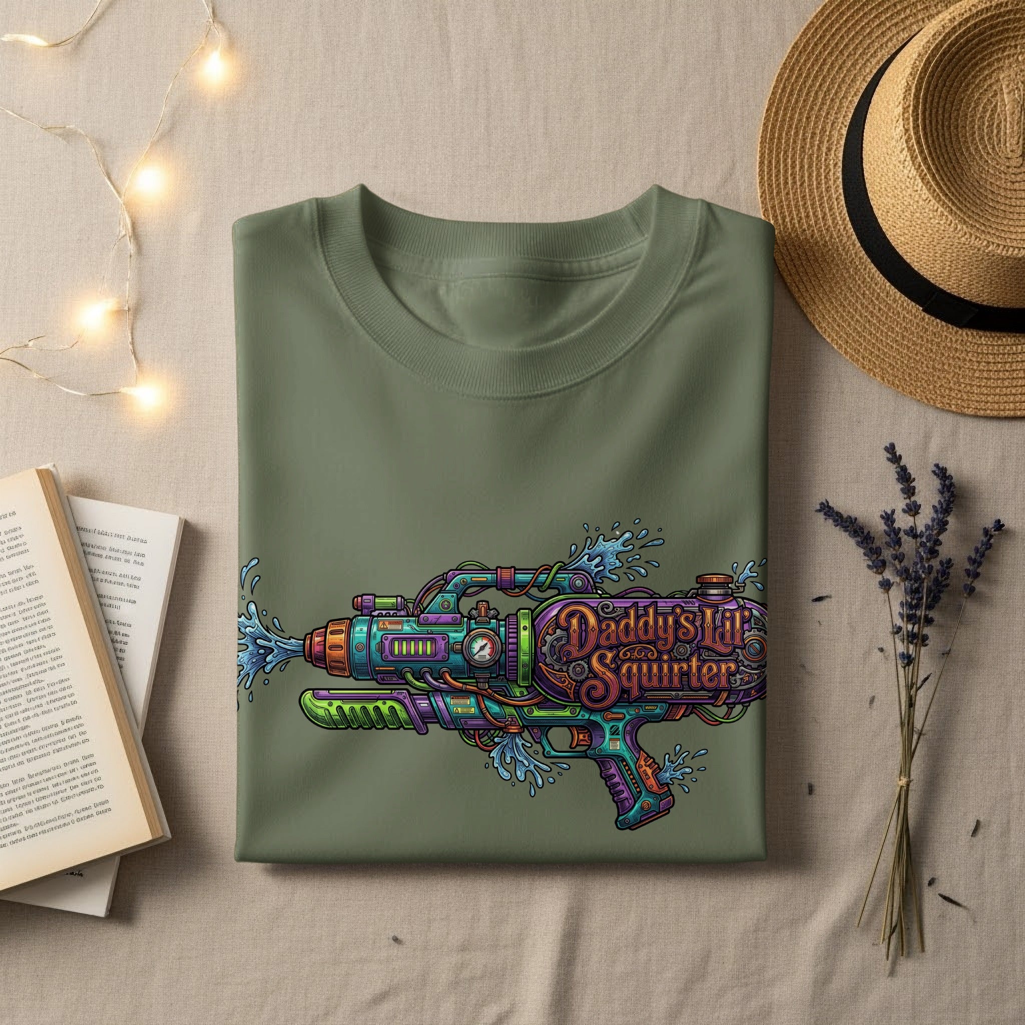 Green t-shirt with "Daddy's Lil' Squirter" water gun graphic.