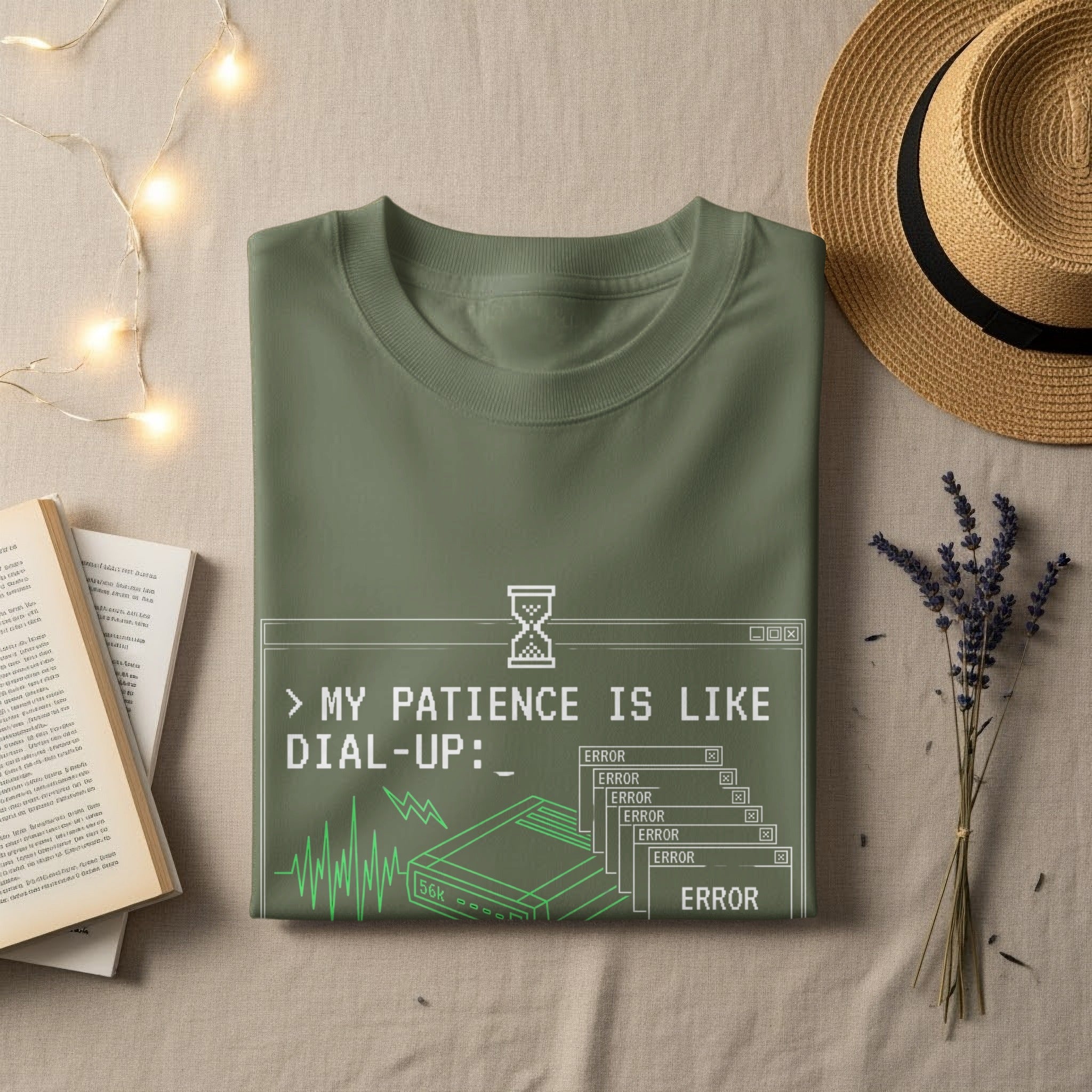 Olive green t-shirt with "MY PATIENCE IS LIKE DIAL-UP:" and error messages.