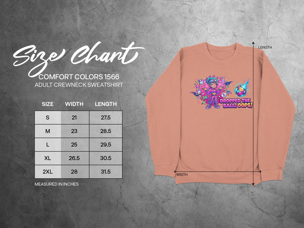 Comfort Colors 1566 adult sweatshirt size chart with measurements in inches.