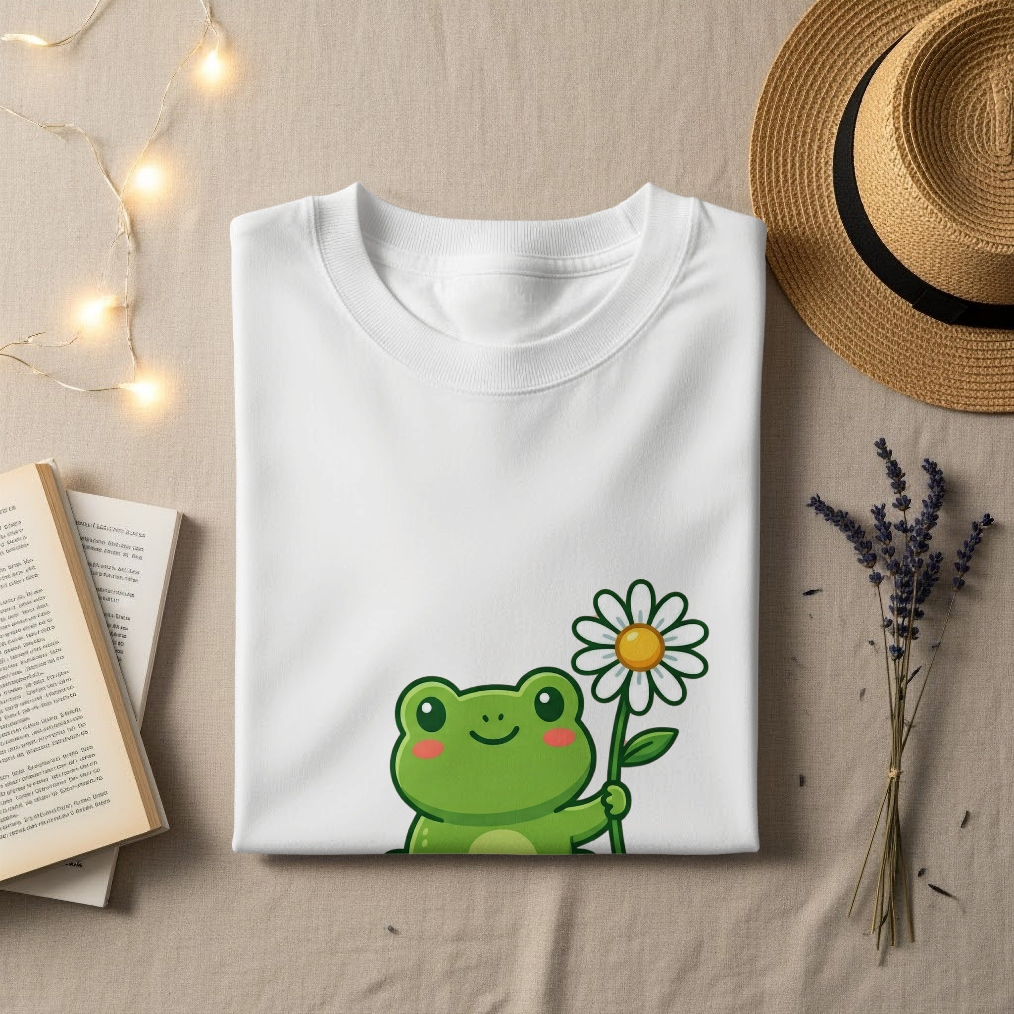 White t-shirt with cartoon frog holding a daisy.