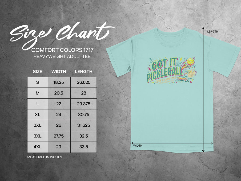 Comfort Colors 1717 heavyweight adult tee size chart with width and length measurements.